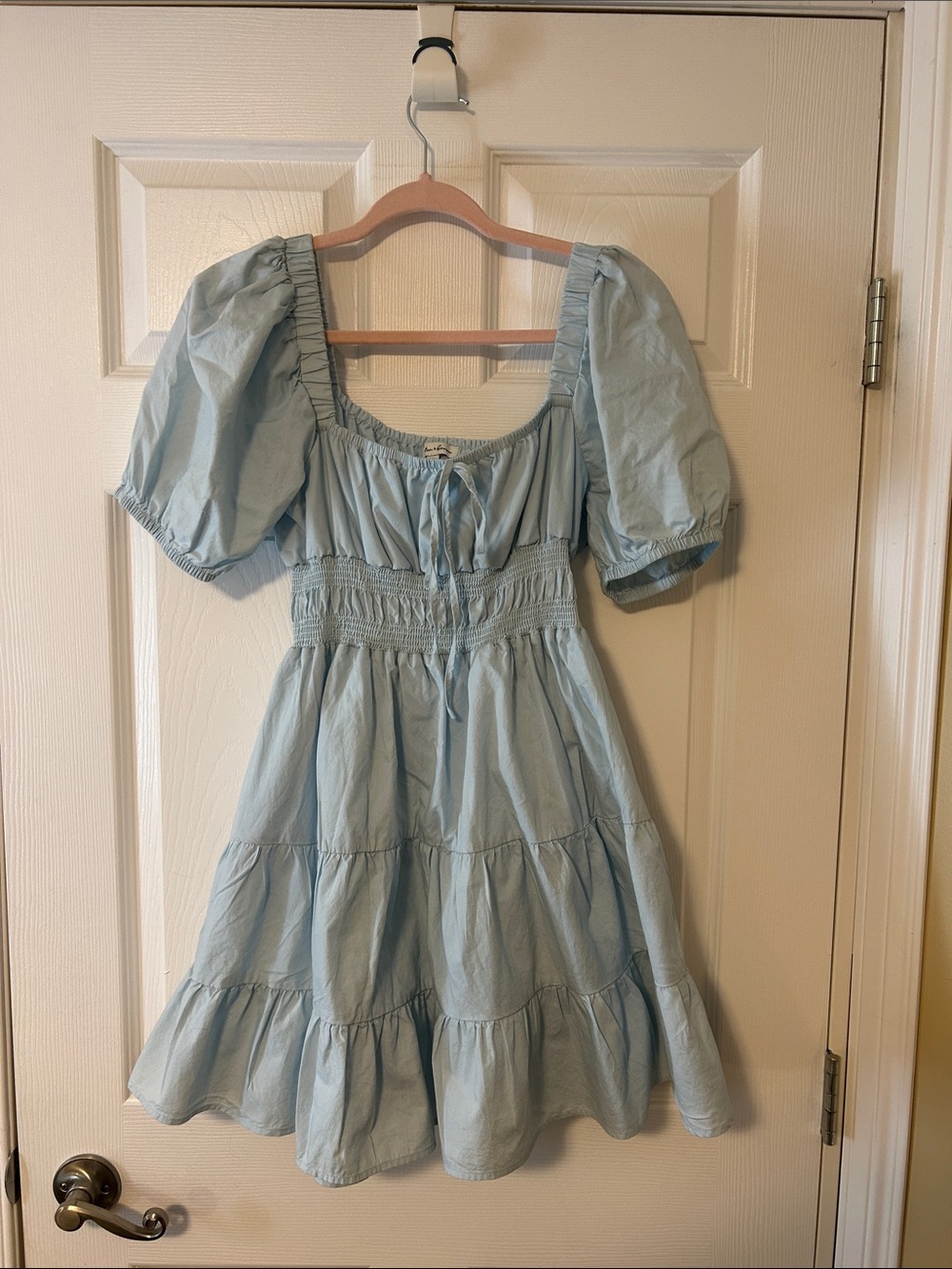Puff-Sleeve Light Blue Smocked Mini Dress
